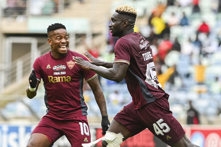 Ismael Toure of Stellenbosch FC celebrates scoring during the Carling Knockout final match between Stellenbosch FC and TS Galaxy at Moses Mabhida Stadium in Durban on Saturday. (Photo by Darren Stewart/Gallo Images)
