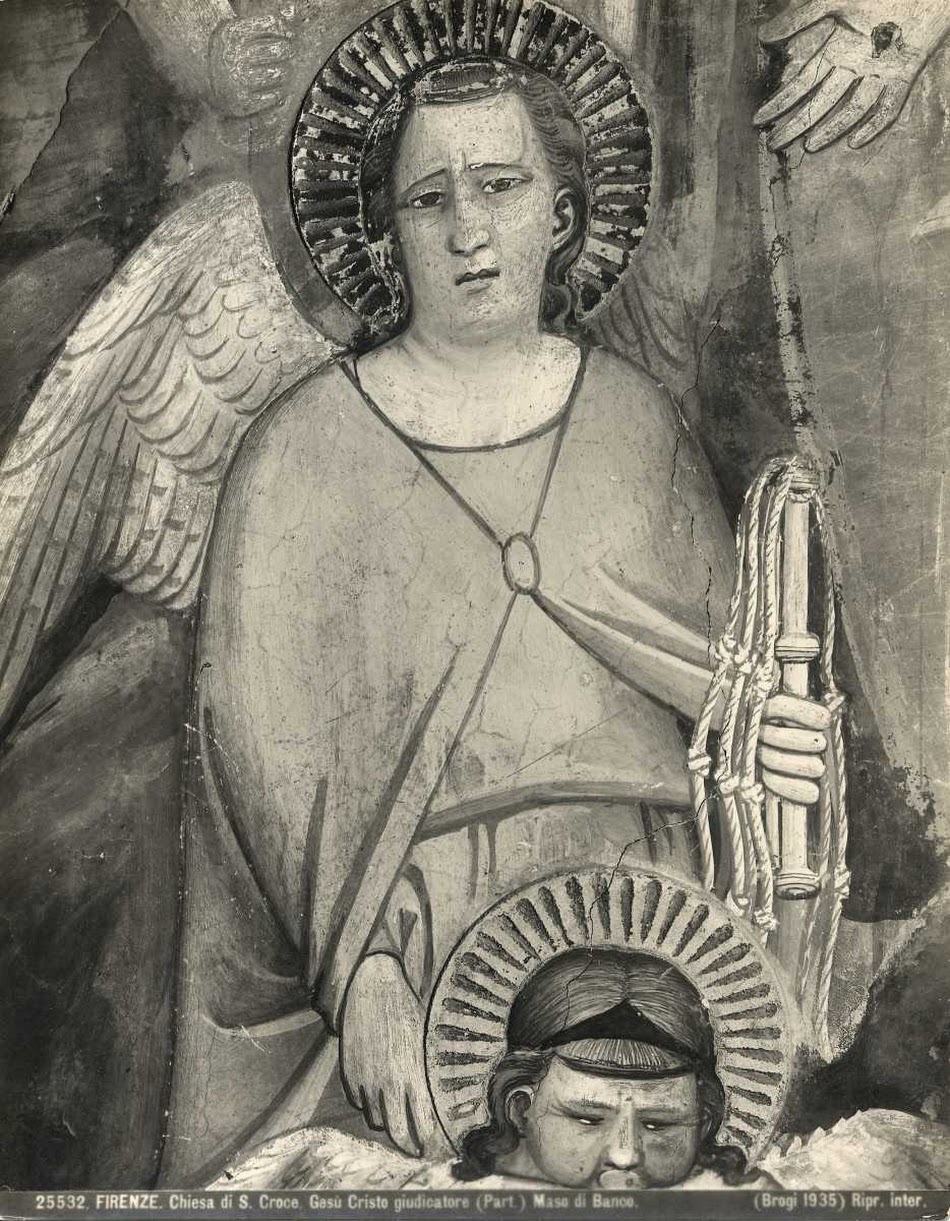 Giacomo Brogi, Maso di Banco, Giudizio finale e Bettino de' Bardi inginocchiaton (particolare, prima del restauro del 1937), Cappella Bardi di Vernio, Santa Croce, Firenze [6]