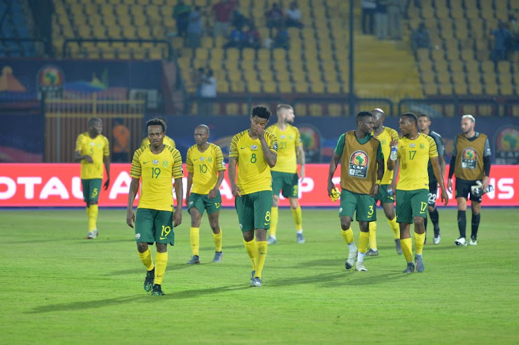 Bafana Bafana players look dejected after the African Cup of Nations match between South Africa and Morocco at Al-Salam Stadium in Cairo, Egypt, on July 1 2019.