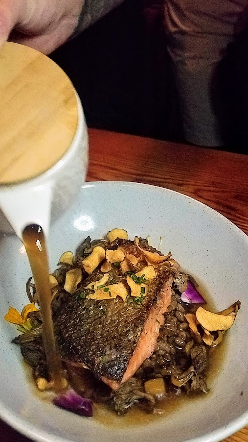 Dinner at Delores PDX: Lightly cured and seared steelhead, yellowfoot chanterelles, crispy sunchokes, barley, mushroom broth