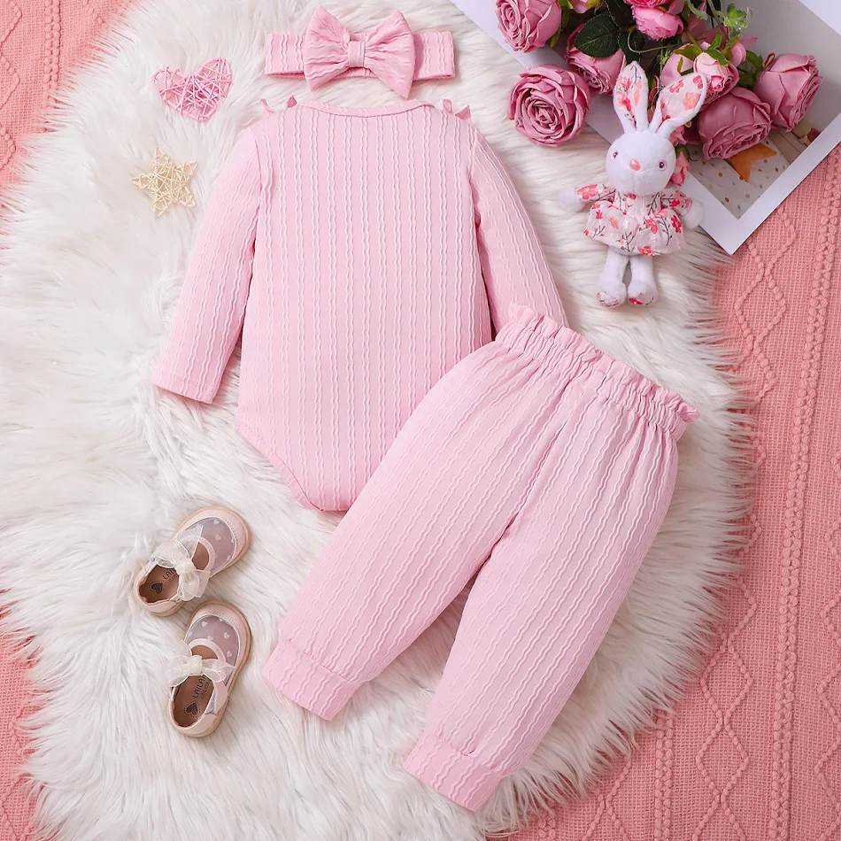 3 Piece Set Ribbed Frill Long Sleeve Romper And Pants Suit With Headscarf. Comfortable and stylish outfit for your littl