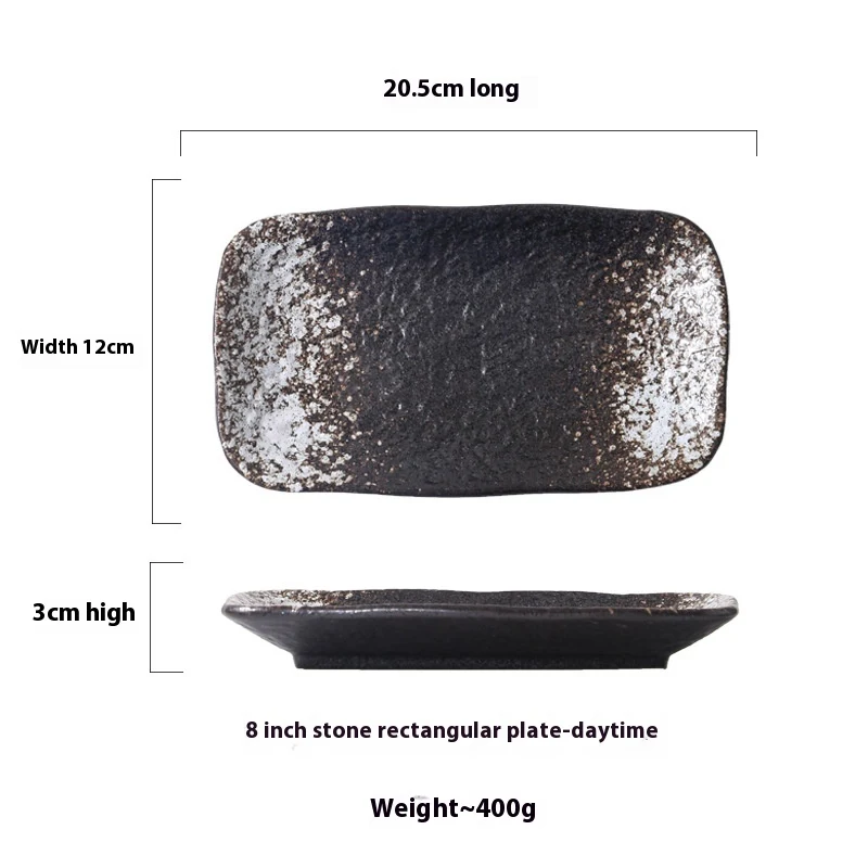 Assiette à sushi et dessert rectangulaire en céramique avec motif pierre, parfaite pour présenter vos plats avec style et élégance.