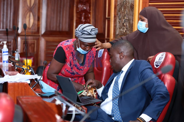 Beatrice Wayeko offers groundnuts to Nairobi Senator Johnson Sakaja during the BBI public Participation in parliament on March 11, 2021.