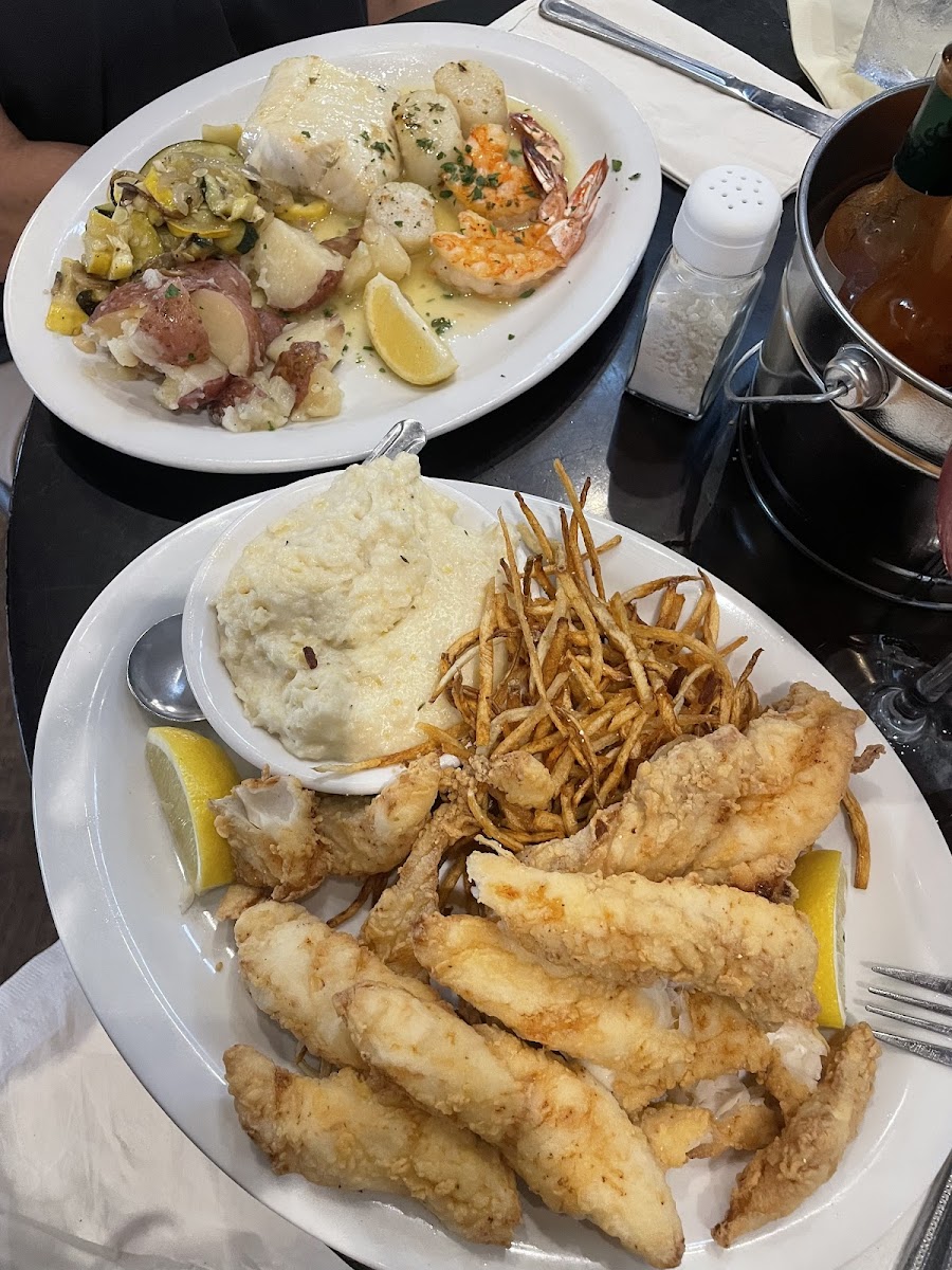 boiled seafood platter and fried fish