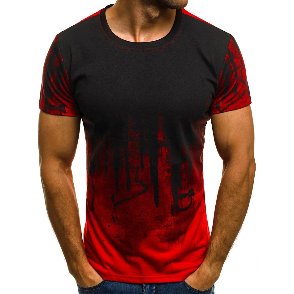 E-BAIHUI Men Fitness Compression T-Shirt Casual Cotton Black And Red Gradient High Quality Slim Shirt Men Fashion Tee To