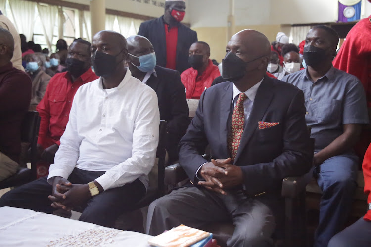 Baringo county commissioner Henry Wafula with senator Gideon Moi attending church service at Tandui, Baringo central on September 26.