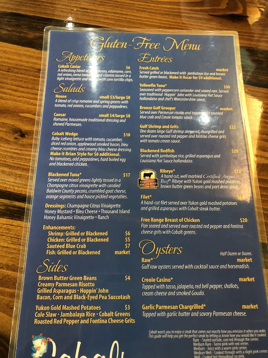 Cobalt gluten-free menu