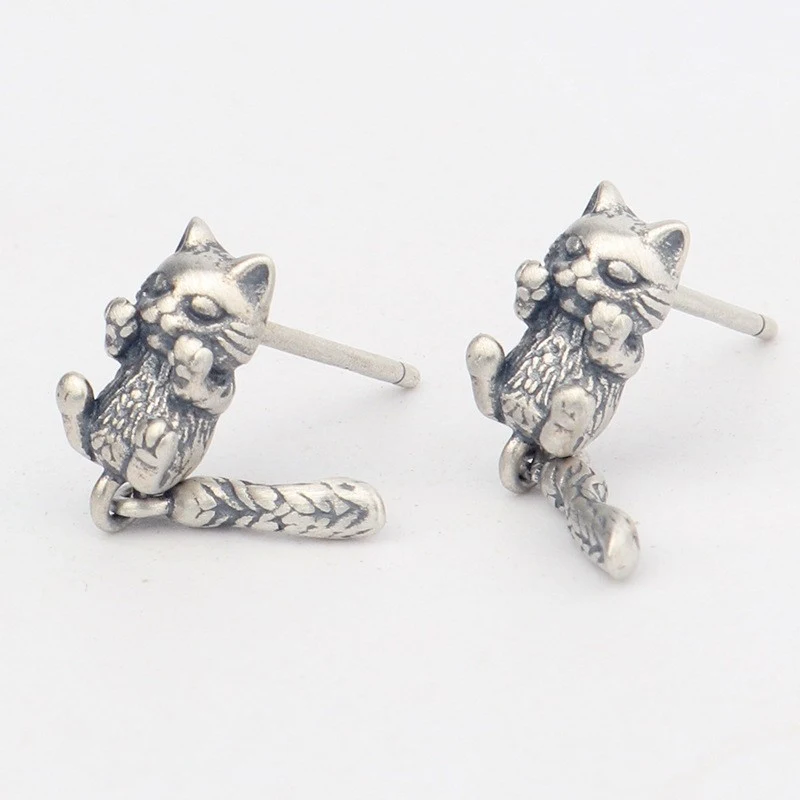 Title 4, Pendientes de plata de ley con diseño de gato c...