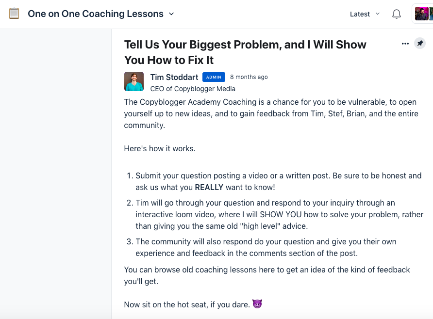 One on one coaching session inside Copyblogger Academy