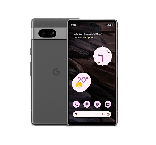 The front and back of a Google Pixel 7a phone.