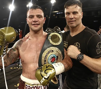 Kevin Lerena with his trainer Peter Smith after defending his IBO cruiserweight title against Artur Mann of Germany at Emperor's Palace.