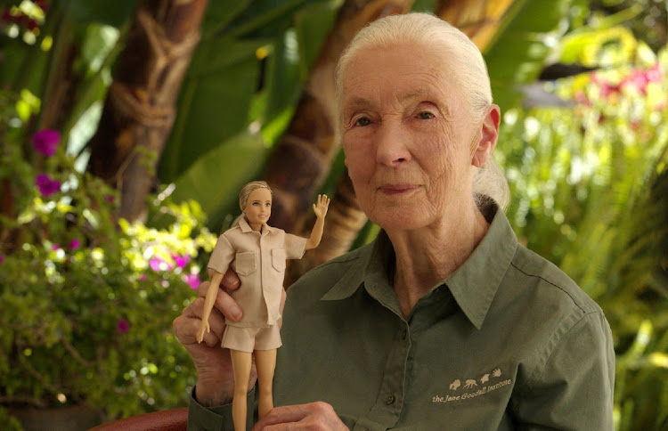 Primatologist Jane Goodall poses with the new Jane Goodall Barbie doll, in Los Angeles, the US. Picture: JANE GOODALL INSTITUTE/HANDOUT VIA REUTERS