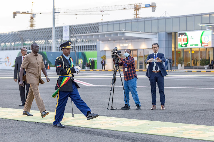 President William Ruto arrives in Ethiopia to attend the 37th African Union Summit of Heads of State and Government on February 16, 2024.