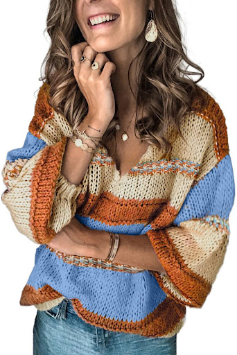 Title 1, Hot Sale V-neck Knitted Lantern Sleeve Pullover...