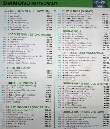 Diamond Restaurant menu 