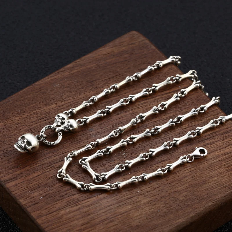Sterling zilveren schedel ketting voor mannen en vrouwen, botten stiksels, persoonlijkheid sieraden, gothic stijl, uniek cadeau.