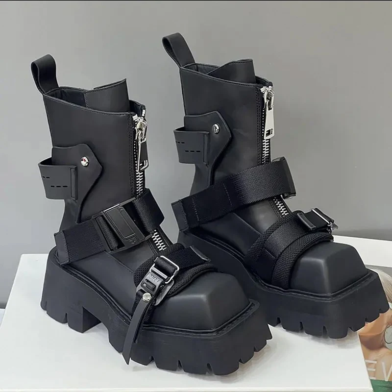 Leather Female Square Toe Thick Bottom Front Zip Ankle Boots offer ultimate comfort and style, perfect for any occasion.