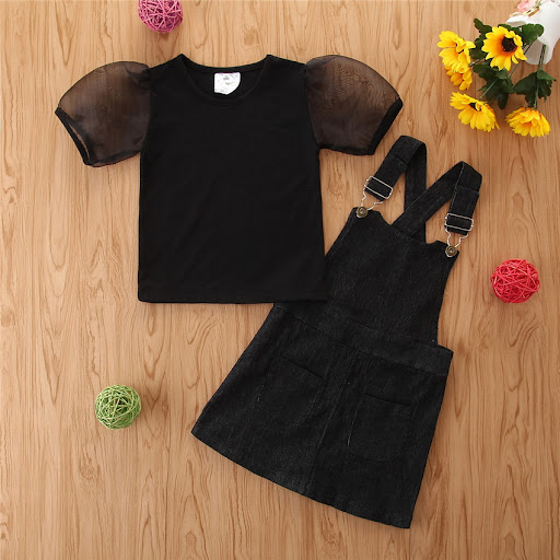 Title 15, Girls Short-Sleeved Suit Puff Sleeve Black T-s...