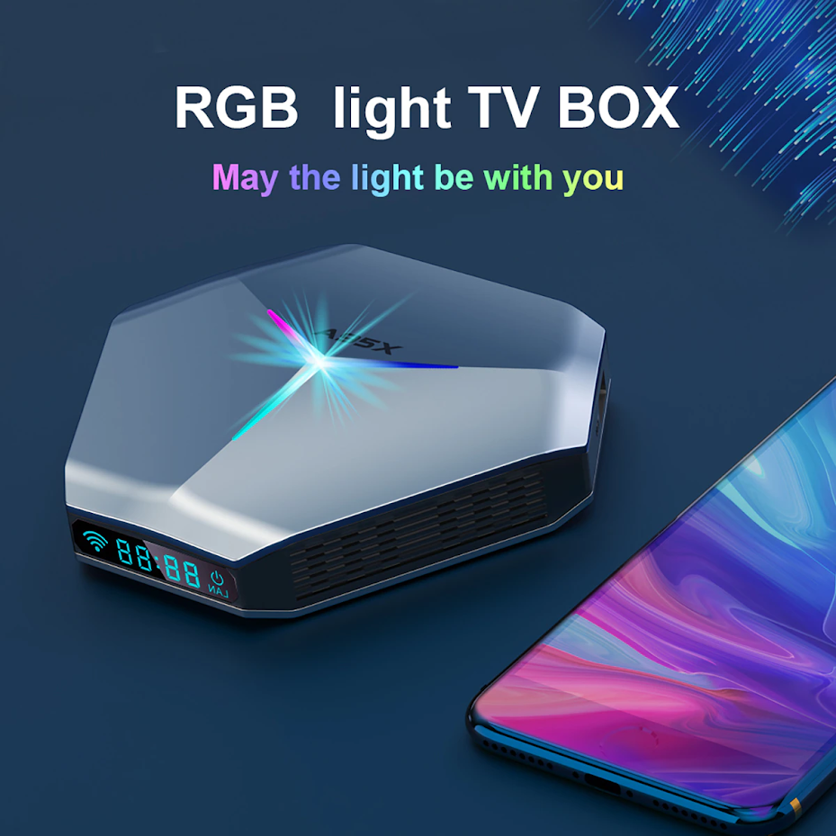 E-india a95x f4 amlogic s905x4 smart android 11 tv box 4k hd youtube 4gb ram 64gb 128gb rom 2.4g/5ghz wifi rgb light set top box