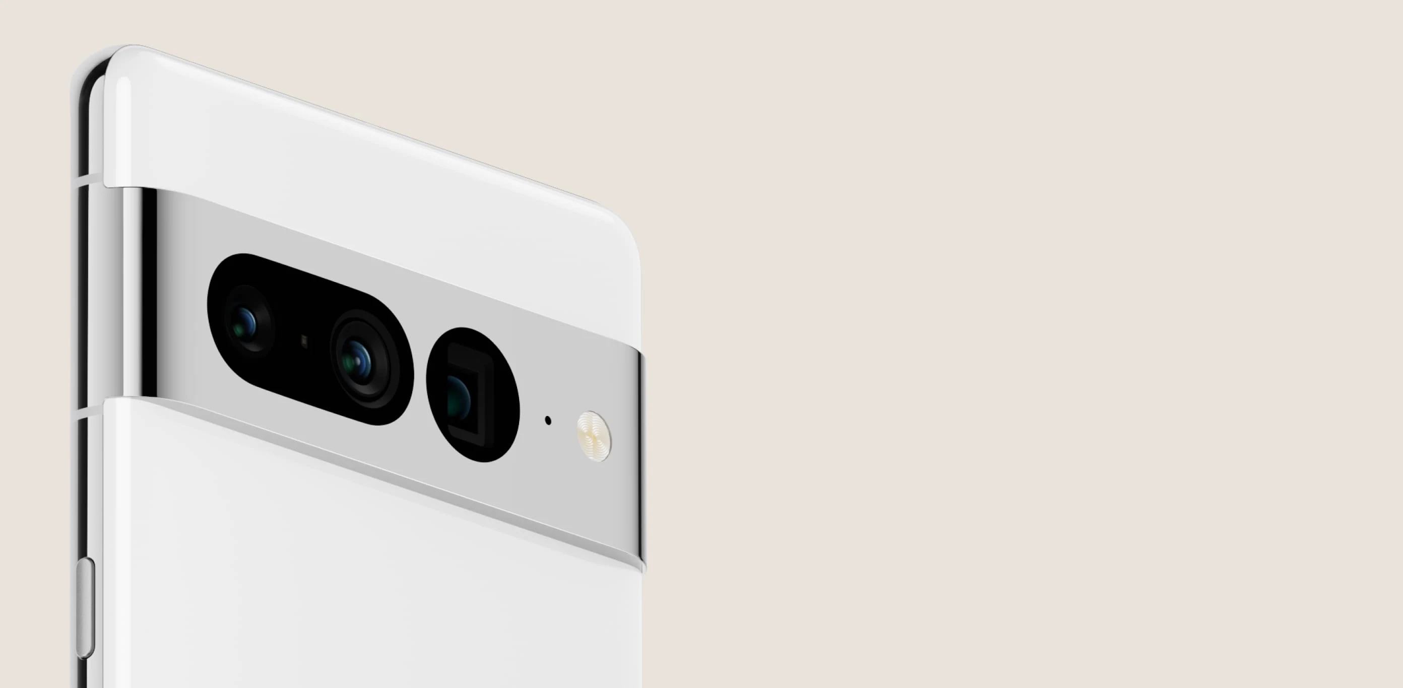 The back of an angled Pixel 7, with a close-up of the camera