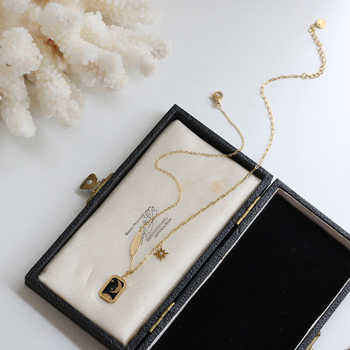 Title 4, Retro Star Moon Myth Epoxy Black Enamel Necklac...