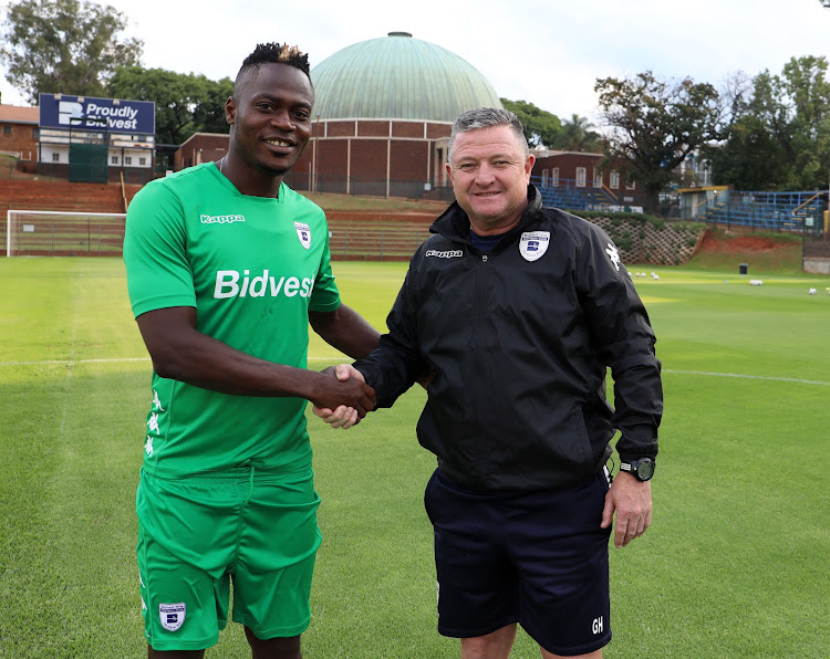 Eva Nga poses with his new coach at Bidvest Wits Gavin Hunt.