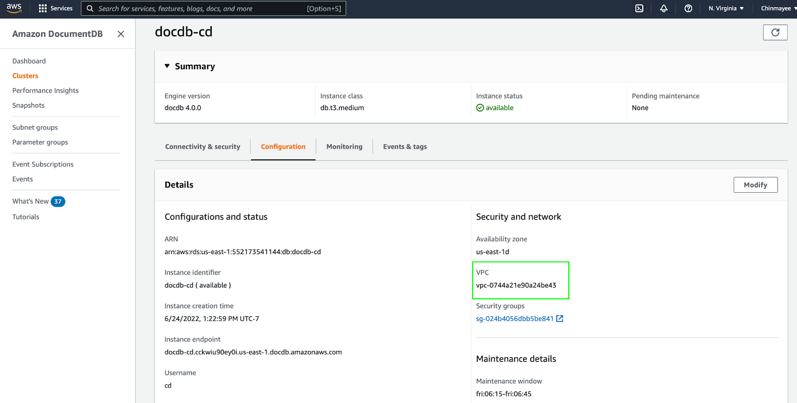 use the same VPC where the DocumentDB cluster is available