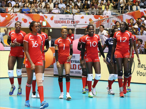 Kenya players before the match second in the 2015 FIVB Volleyball Women’s World Cup against Peru.jpg