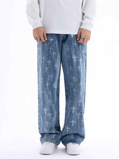 Title 4, Cross Print Loose Straight Jeans for Men and Wo...