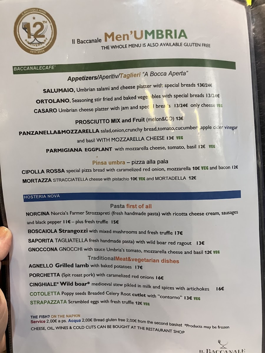 Il Baccanale gluten-free menu