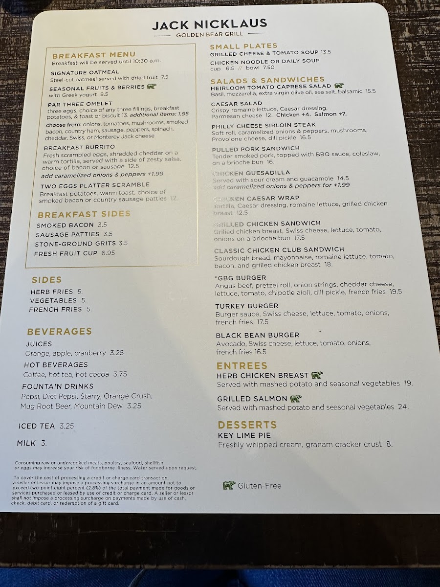 Jack Nicklaus Golden Bear Grill gluten-free menu