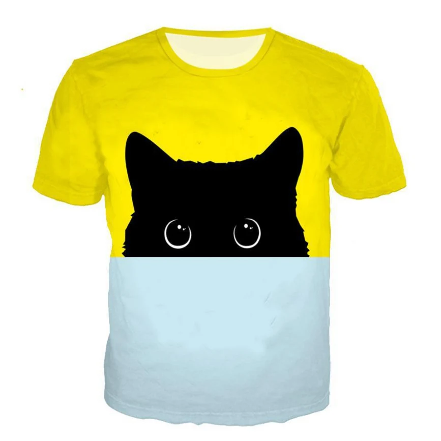 3D yellow and blue kitten print T-shirt
