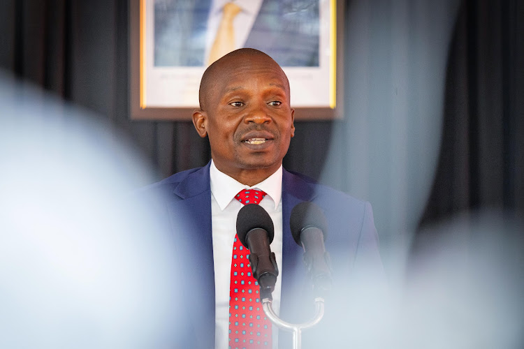 Interior Cabinet Secretary Kithure Kindiki addressing the media during the announcement of government action on eradication of illicit brews, drug and substance abuse at Deputy President Rigathi Gachagua’s residence in Karen on March 6, 2024.