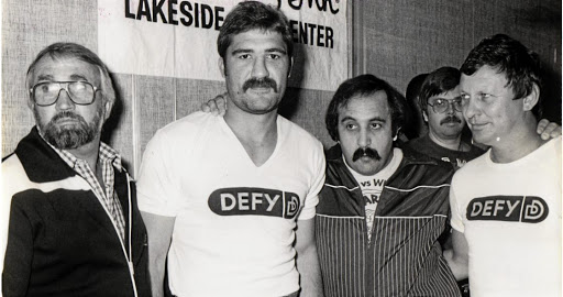 Trainer Willie Locke, Gerrie Coetzee, promoters Cedric Kushner and Thinus Strydom moments before Coetzee won the WBA heavyweight belt in 1983. / Supplied