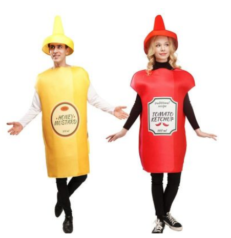 Volwassen paar mosterd en tomatensaus kostuum, leuk rollenspel outfit voor mannen en vrouwen, ideaal voor themafeesten en evenementen.