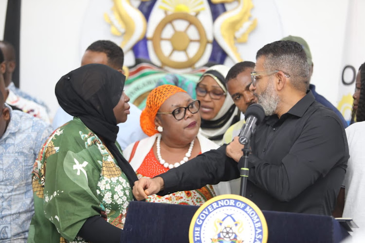 Kadzandani MCA Fatma Kushe and Mombasa Governor Abdulswamad Nassir at Nassir's office on Wednesday.