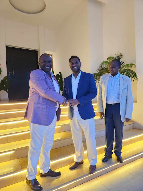 East African Chamber of Commerce, Industry and Agriculture president Richard Ngatia with patron Toufiq Turky and CEO Charles Kahuthu in Zanzibar on November 4, 2023