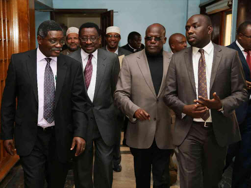 NCCK general secretary Rev Canon Peter Karanja and Parliamentary Joint Select Committee on IEBC members James Orengo, Johnstone Muthama and Kipchumba Murkomen on July 18 /HEZRON NJOROGE