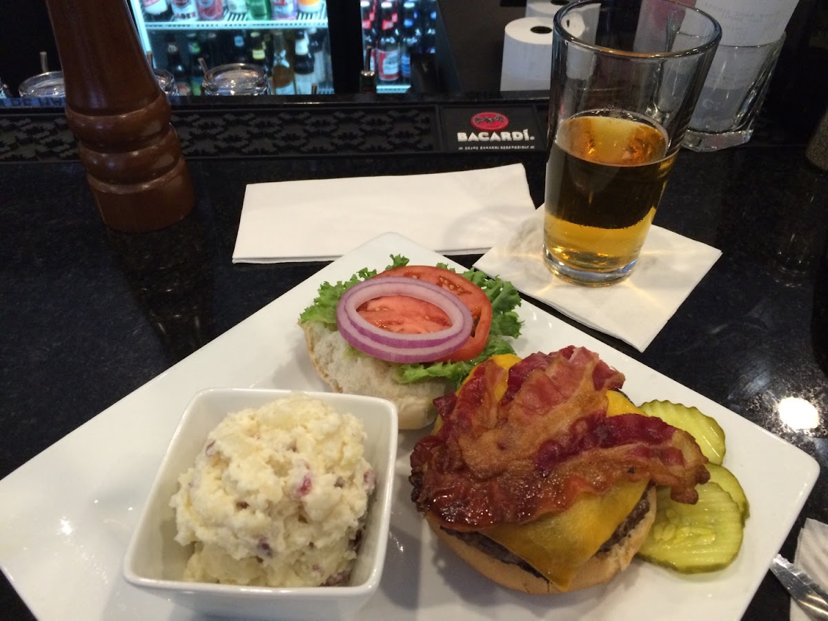 Potato salad, bards GFree beer, bacon cheeseburger with Gfree bun!