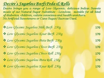 Diabetics Dezire Sugarless Sweets And Bakes menu 