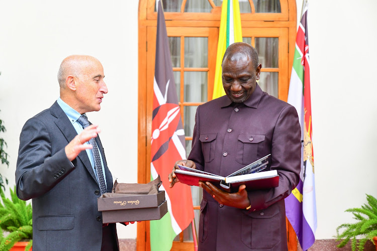 President William Ruto having a conversation with Israel Ambassador to Kenya Lotem Michael at State House, Nairobi on August 4, 2023