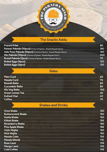 The Paratha Singh menu 