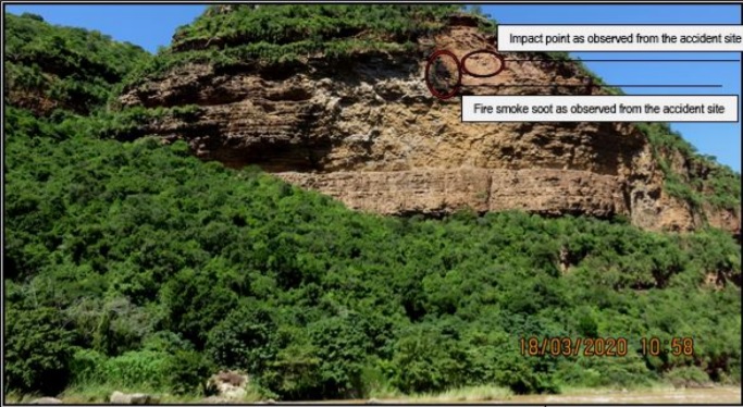 Soot left by an explosion at the place of impact over the Umkomazi River where former Springbok canoeist Mark Perrow died after crashing his light aircraft into the mountain in March last year.