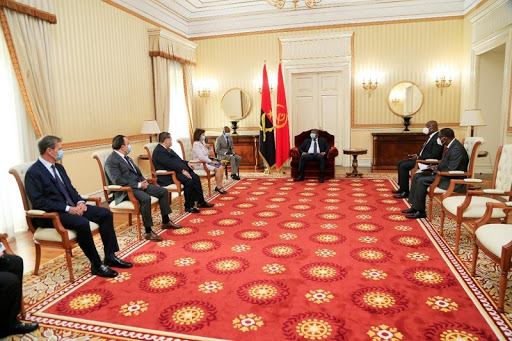 João Lourenço, President of Angola, meets on 21 June 2021 with (left to right) Africell Angola CEO Christopher Lundh, Africell Group CEO Ziad Dalloul, Africell Group non-executive director Ambassador J. Peter Pham, and US Ambassador to Angola Nina Maria Fite.