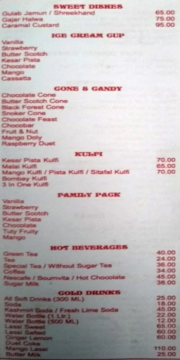 Jyoti Refreshment menu 