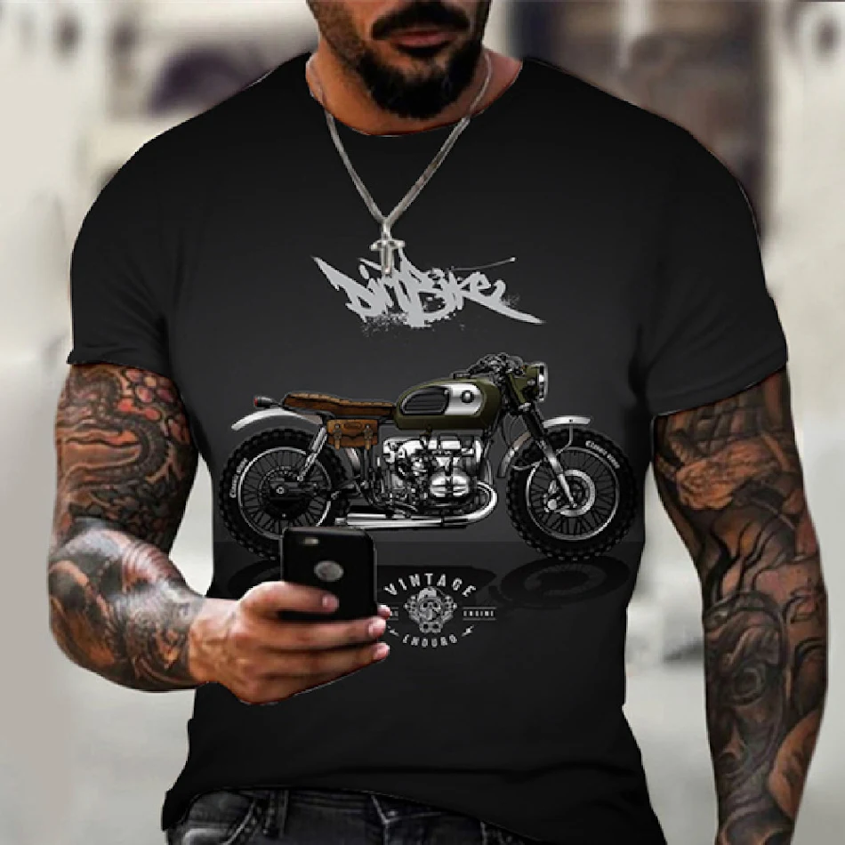T-shirt décontracté pour homme avec impression 3D série moto vintage, un look rétro stylé et un confort optimal au quotidien