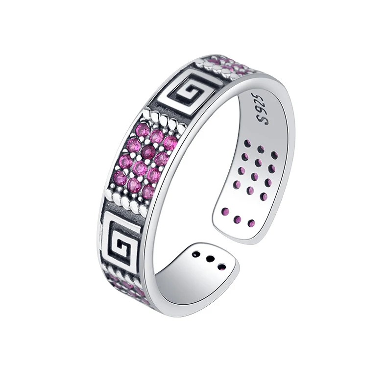 Bague femme rétro en argent sterling 925, style vent ancien et diamants incrustés, look cool, bijou vintage pour femmes.