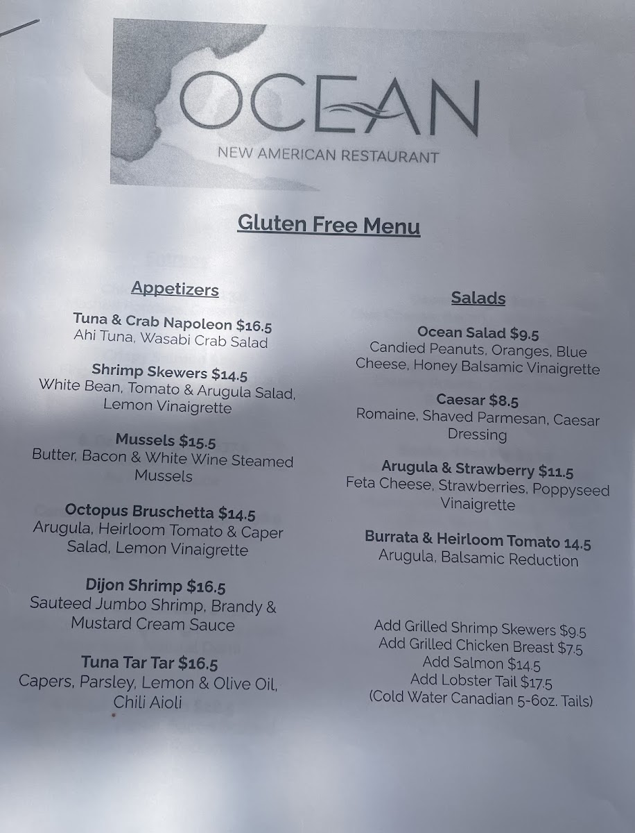 Ocean gluten-free menu