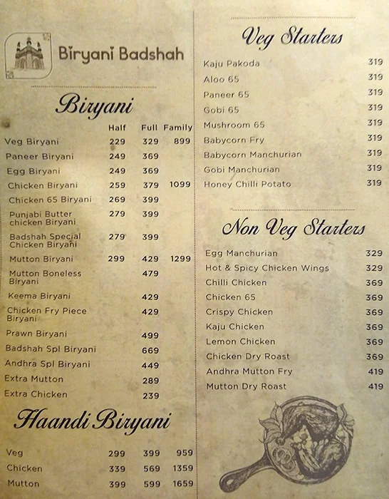 Biryani Badshah menu 