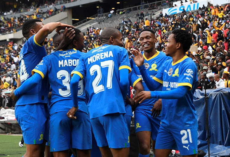 Mamelodi Sundowns attacker Siphelele Mkhulise celebrates his goal during the Carling Black Label Cup final against Orlando Pirates at FNB Stadium.